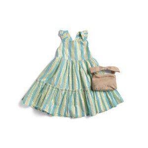 ETTAVEE Blue Girls Flutter Sleeve Striped Tiered Dress With Matching Purse